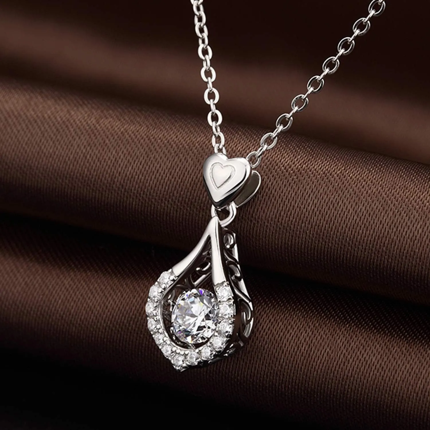 18K White Gold Plated 925 Sterling Silver Shaking CZ Diamond Pendant Necklace for Women with 5A  Cubic Zirconia