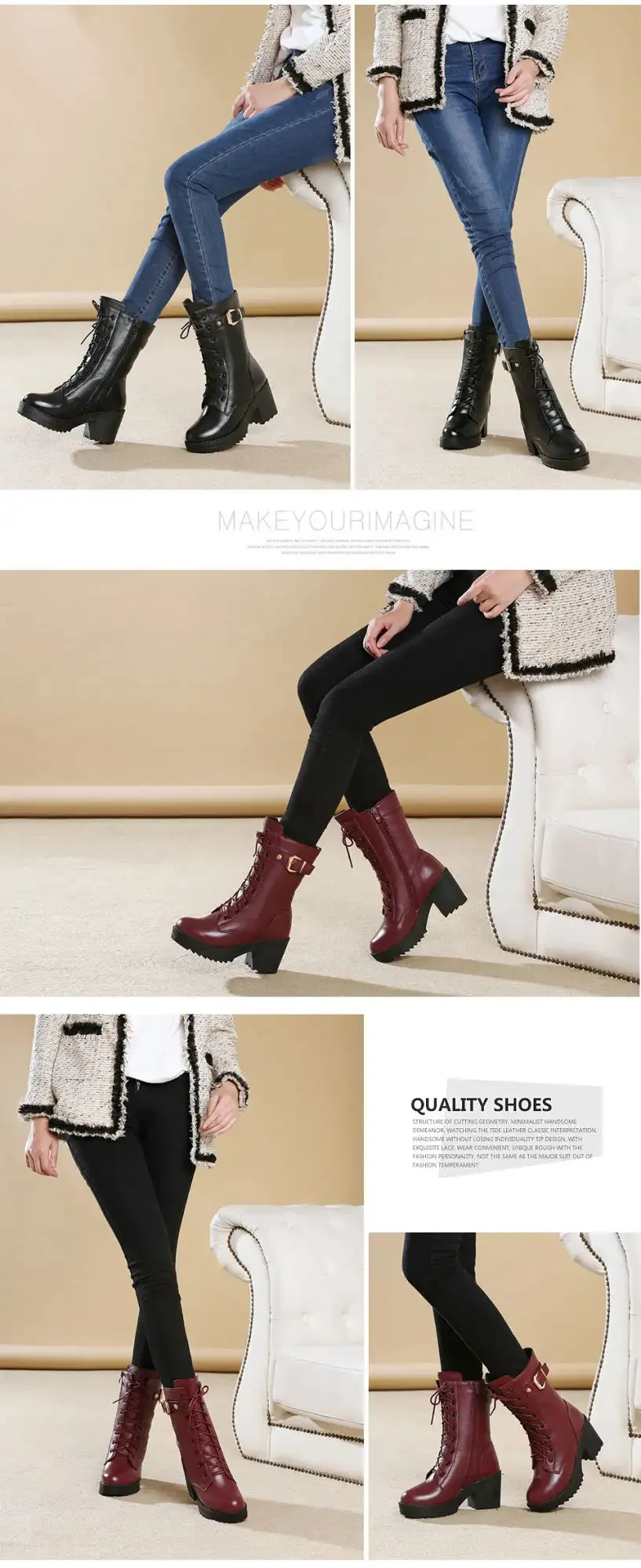 2022 Winter Leather Women Winter Boots Thick Wool Warm Women High-heeled Genuine Boot High-quality Female Snow Boots Women Shoes