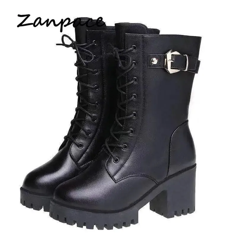 2022 Winter Leather Women Winter Boots Thick Wool Warm Women High-heeled Genuine Boot High-quality Female Snow Boots Women Shoes