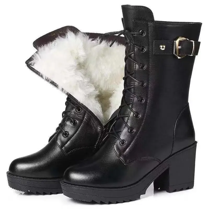 2022 Winter Leather Women Winter Boots Thick Wool Warm Women High-heeled Genuine Boot High-quality Female Snow Boots Women Shoes