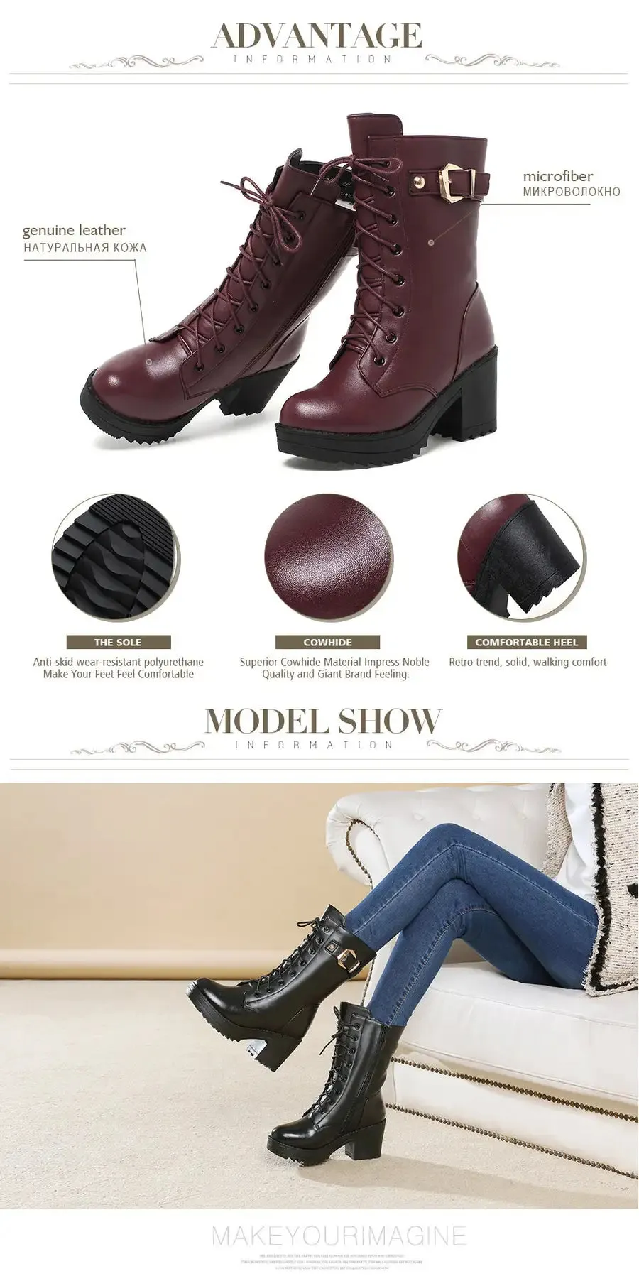 2022 Winter Leather Women Winter Boots Thick Wool Warm Women High-heeled Genuine Boot High-quality Female Snow Boots Women Shoes