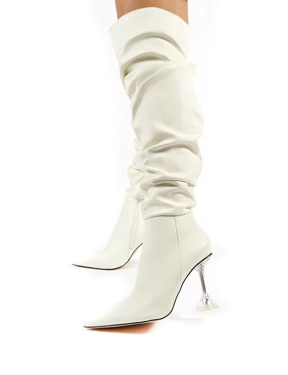 Adalee White PU Statement Heeled Slouch Over the Knee Boots