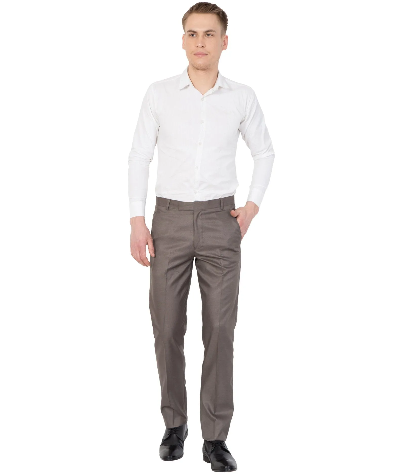 American-Elm Men Brown Slim Fit Solid Cotton Formal Trouser