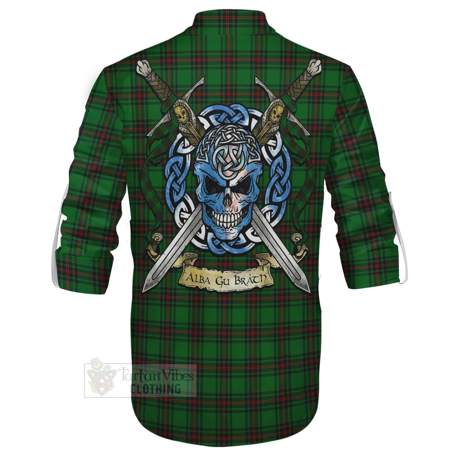 Anstruther Tartan Ghillie Kilt Shirt with Family Crest Celtic Skull Style