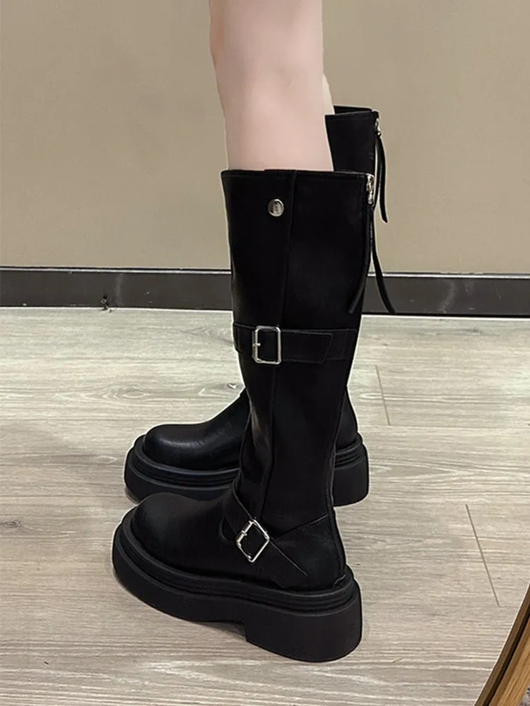 Black American retro thick-heeled platform boots