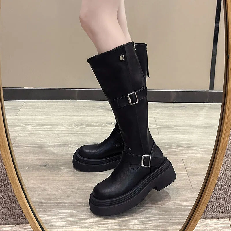 Black American retro thick-heeled platform boots