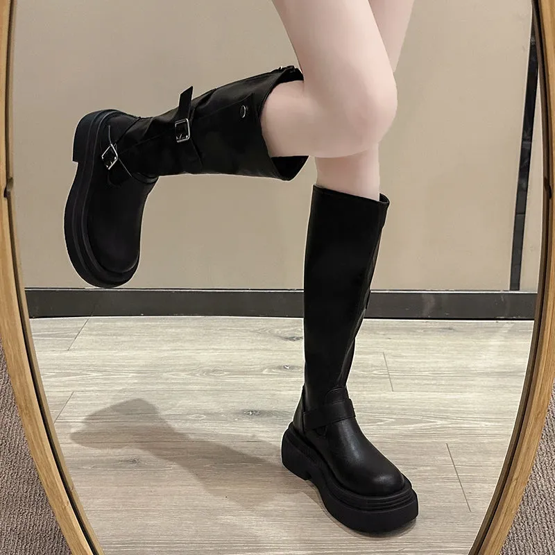 Black American retro thick-heeled platform boots