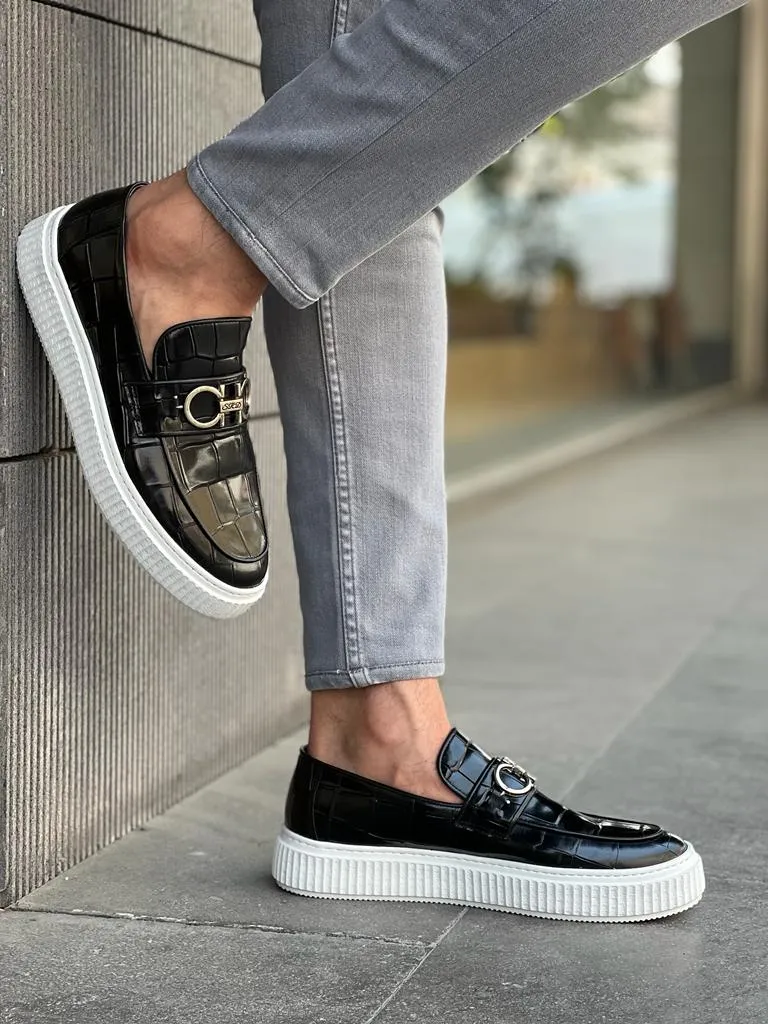 Black Crocodile Pattern Bit Loafers for Men | GentWith.com