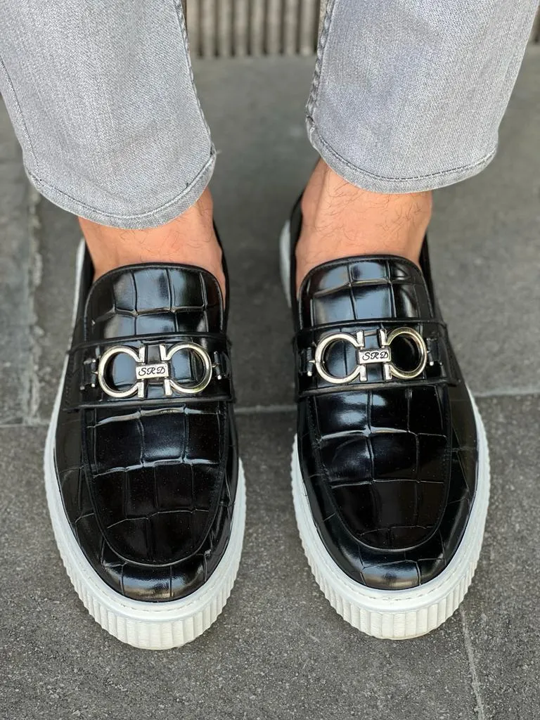 Black Crocodile Pattern Bit Loafers for Men | GentWith.com