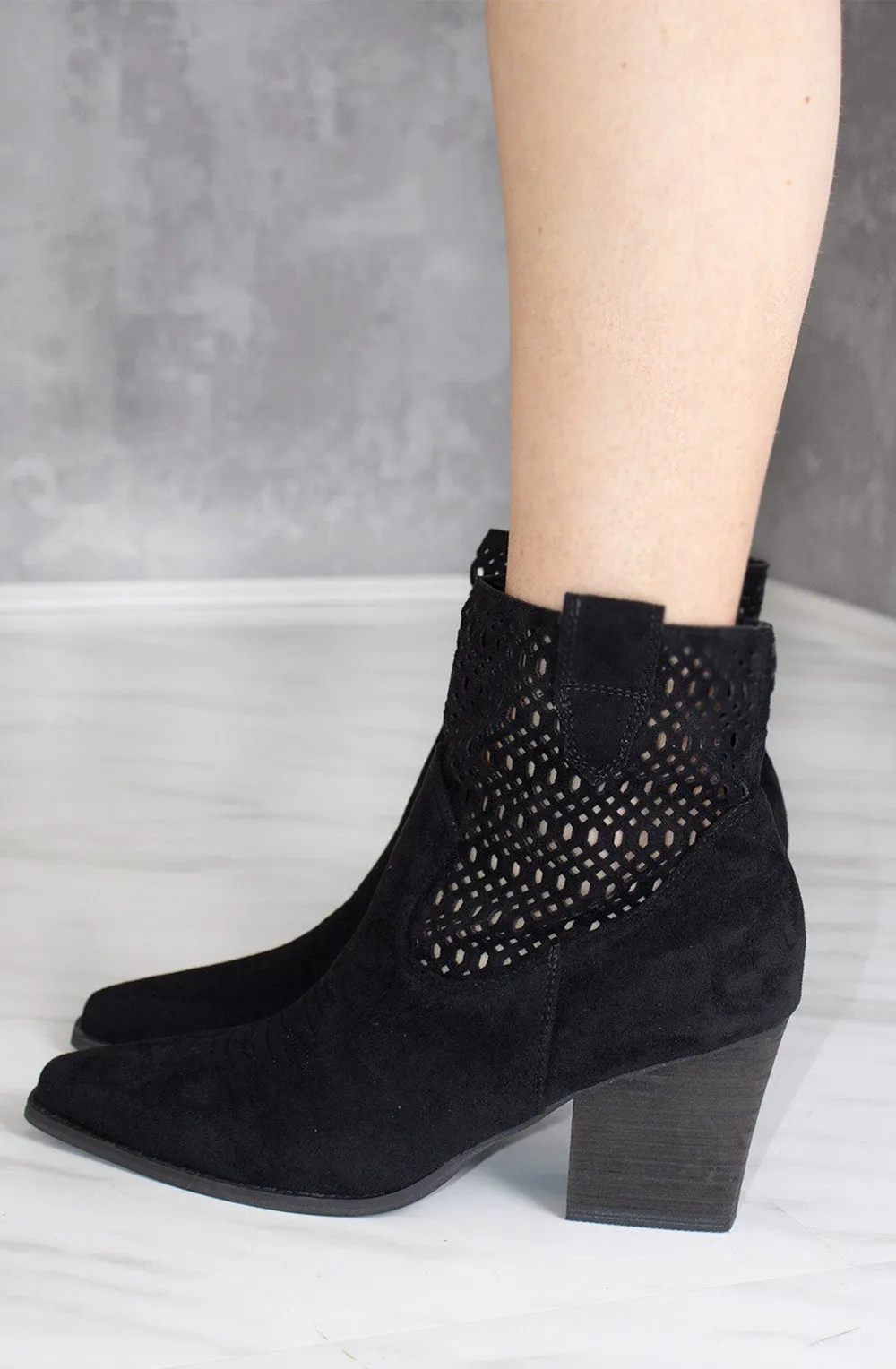 Black Cut Out Ankle Length Cowboy Boot