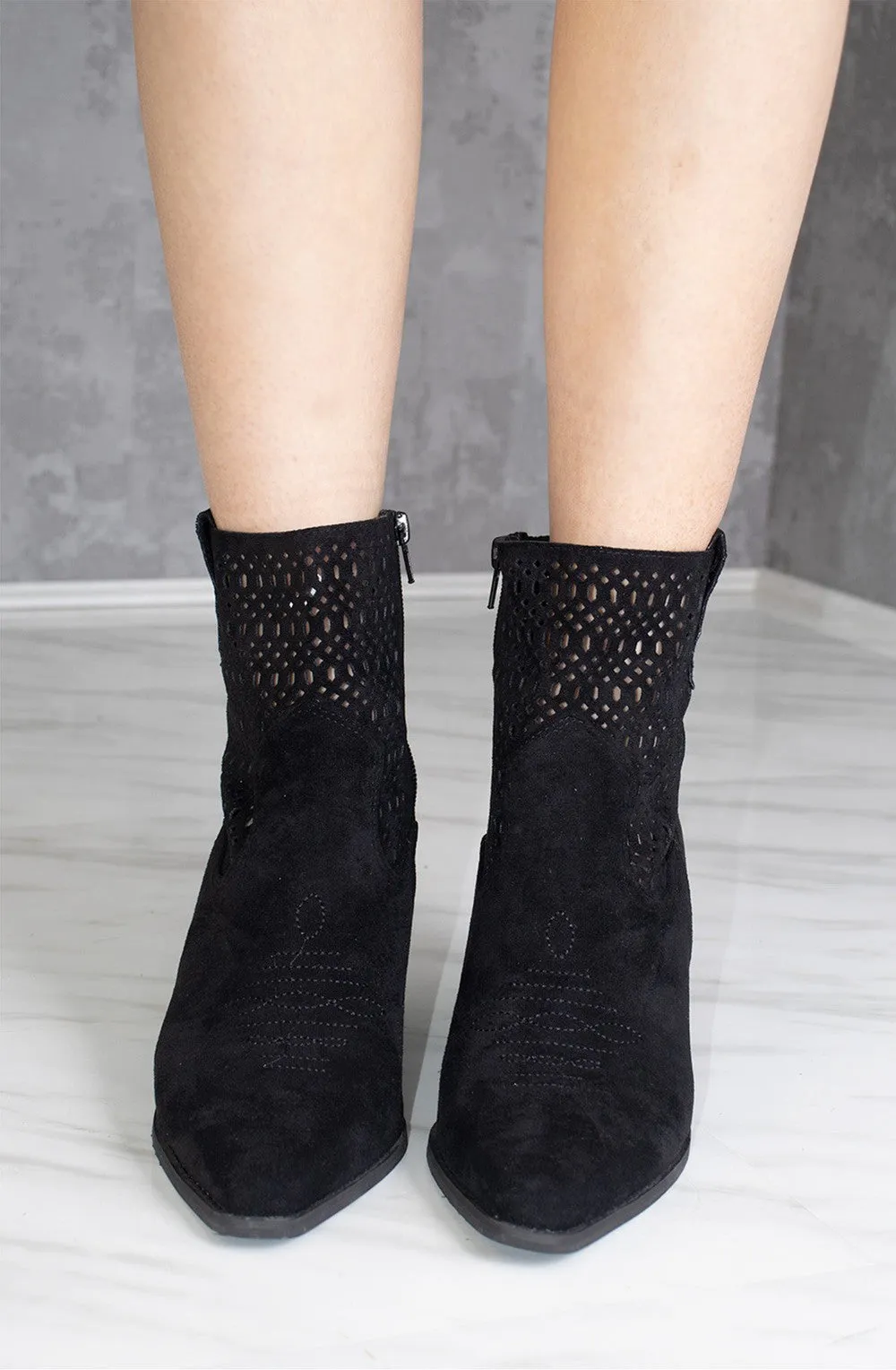 Black Cut Out Ankle Length Cowboy Boot