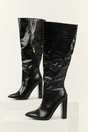 Black Faux Leather Crocodile Heeled Boots