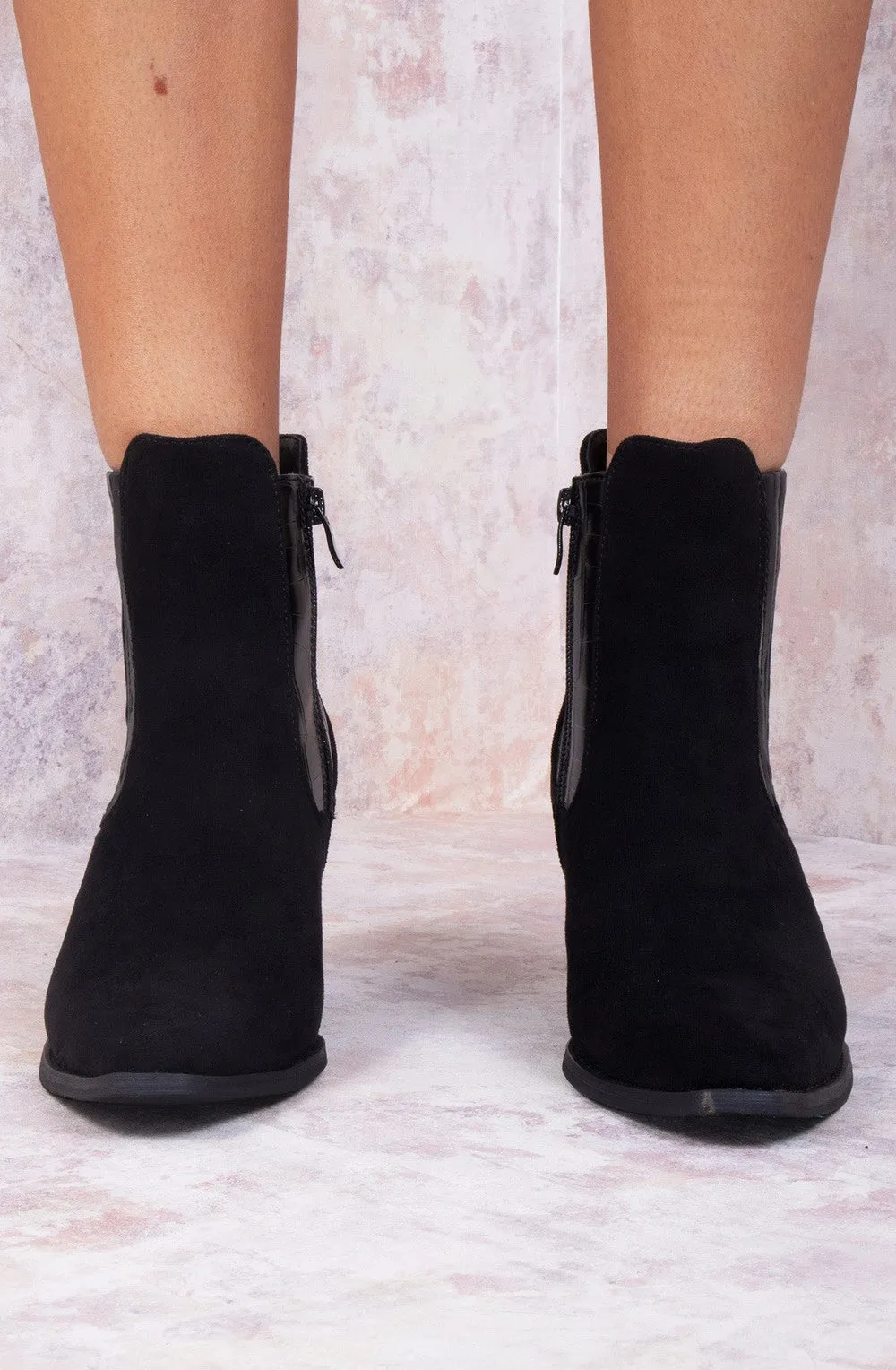 Black Faux Suede Patent Pu Heeled Ankle Boot