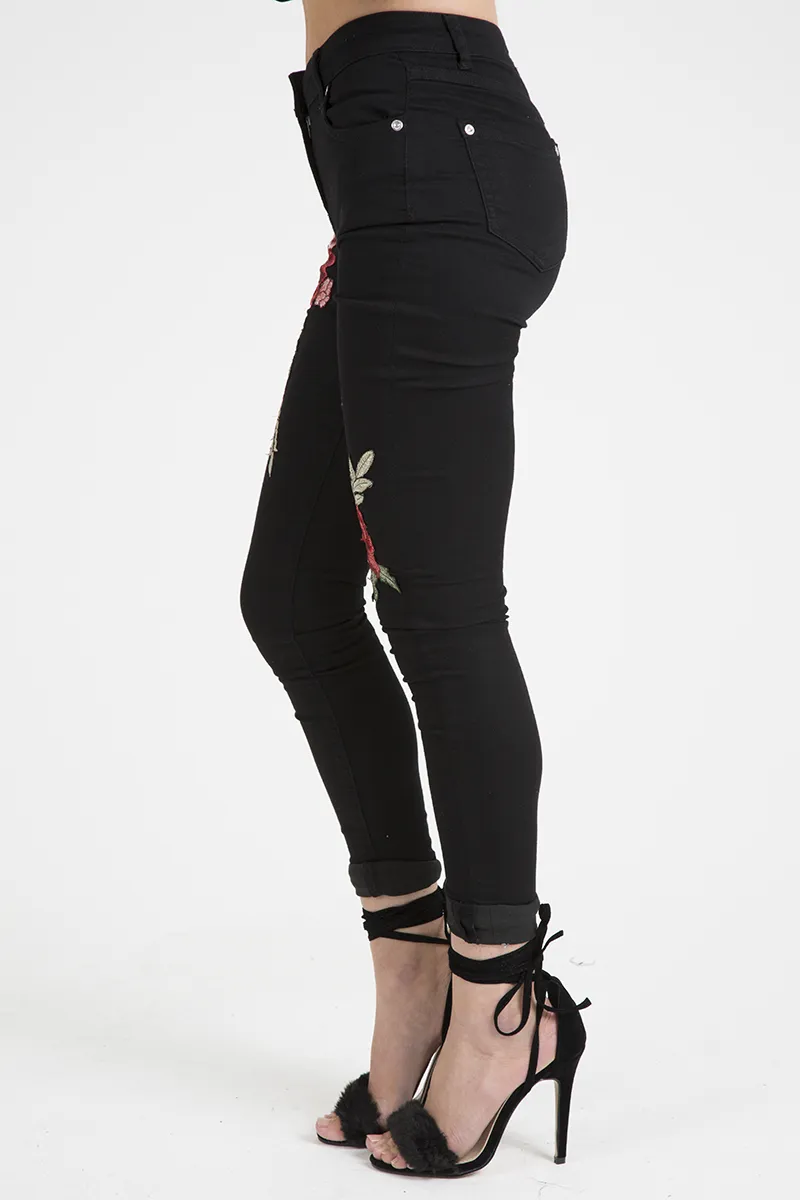 Black High Rise Embroidered Skinny Jeans - Lorna