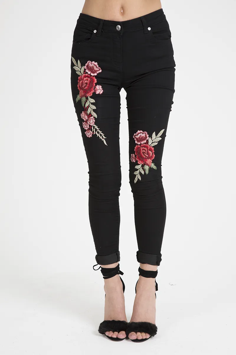 Black High Rise Embroidered Skinny Jeans - Lorna