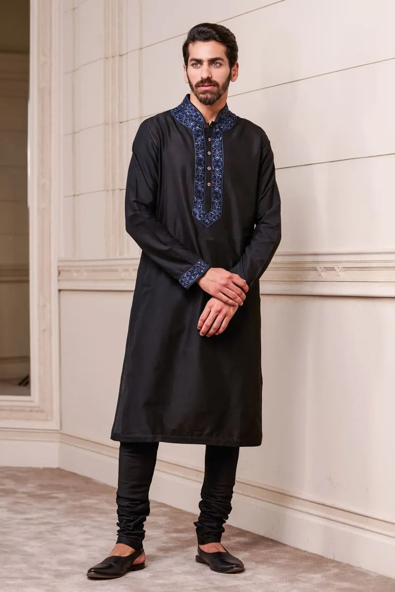 Black Kurta Set with Embroidered Collar and Placket