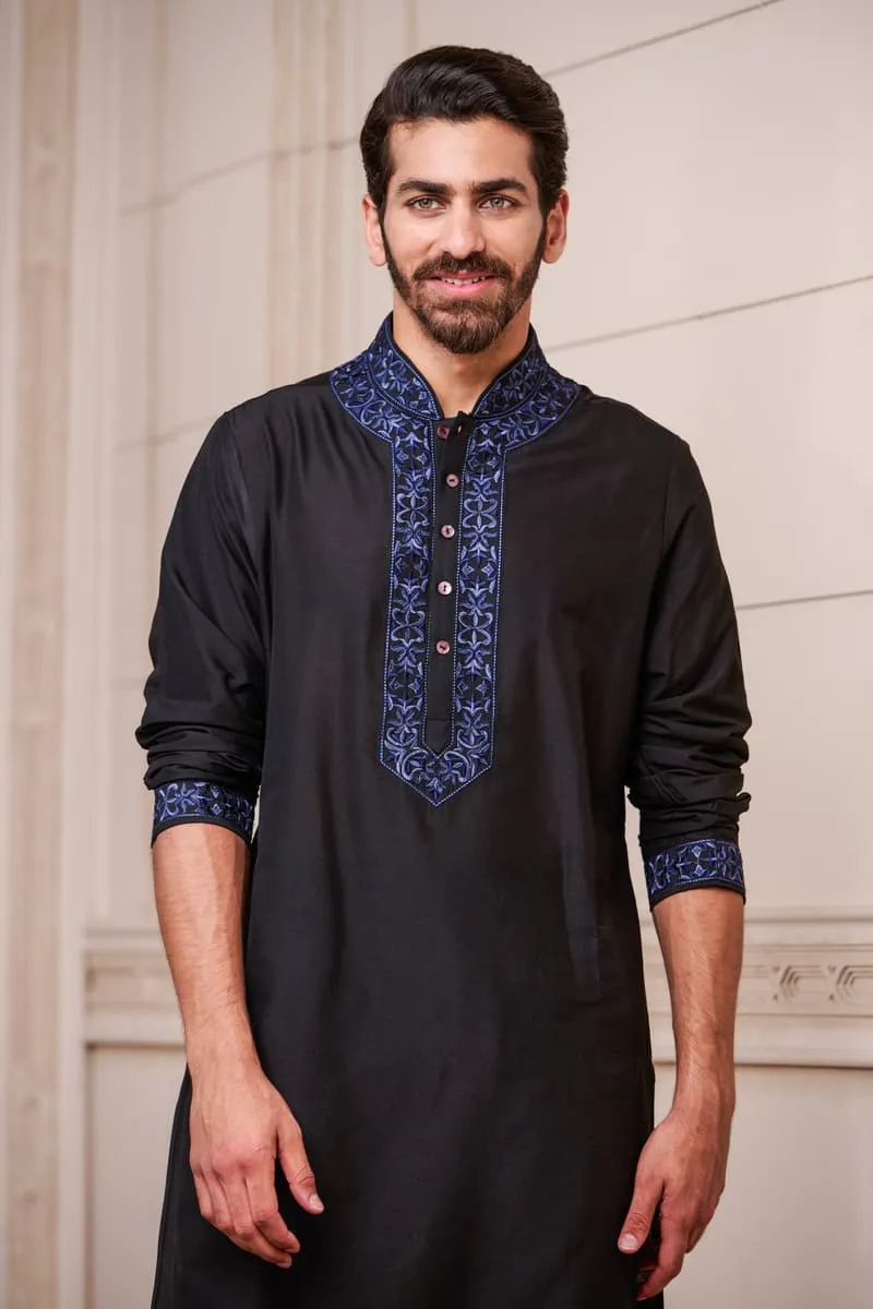 Black Kurta Set with Embroidered Collar and Placket