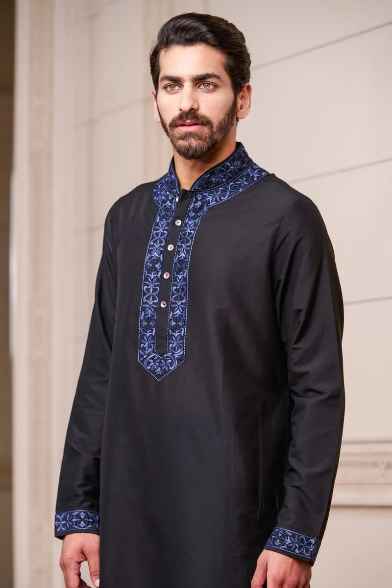 Black Kurta Set with Embroidered Collar and Placket