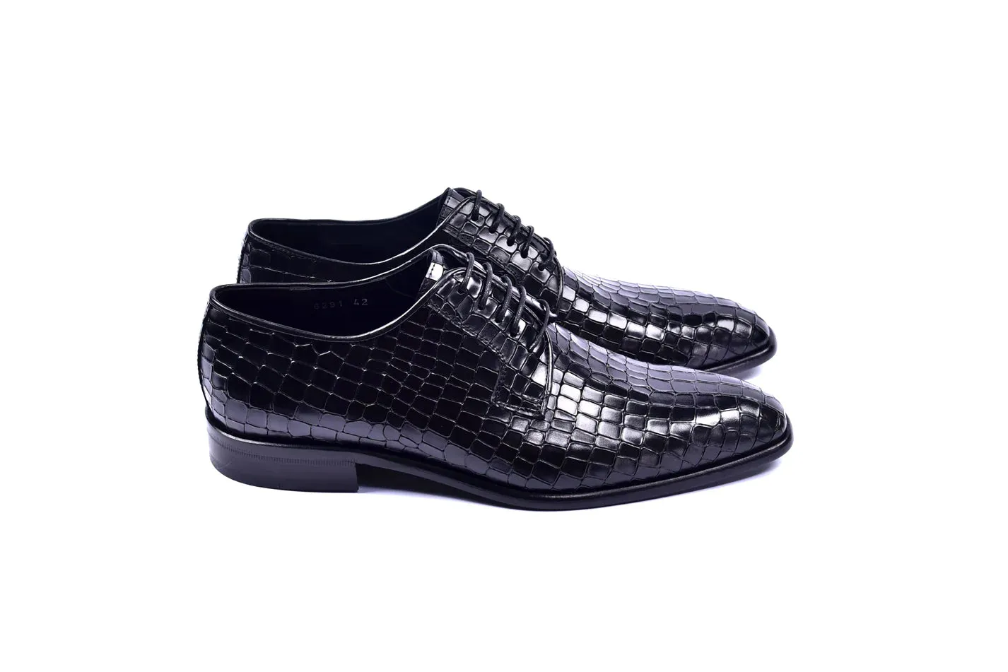 Black Men's Lace-Up Italian Leather Shoes Croco Print C01505-6291C By Corrente