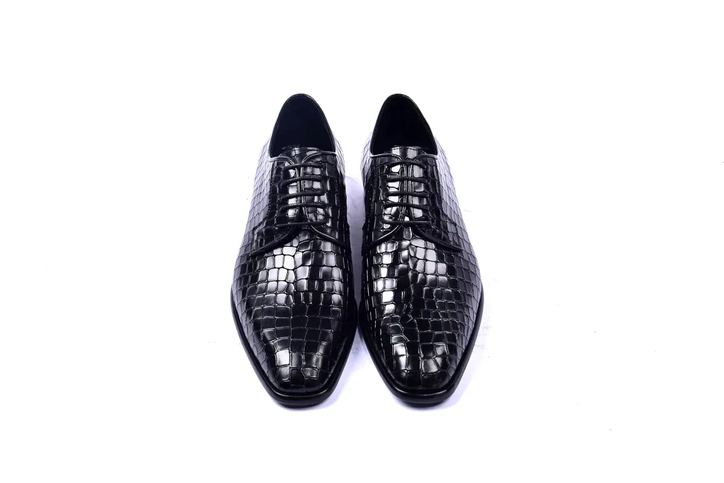 Black Men's Lace-Up Italian Leather Shoes Croco Print C01505-6291C By Corrente