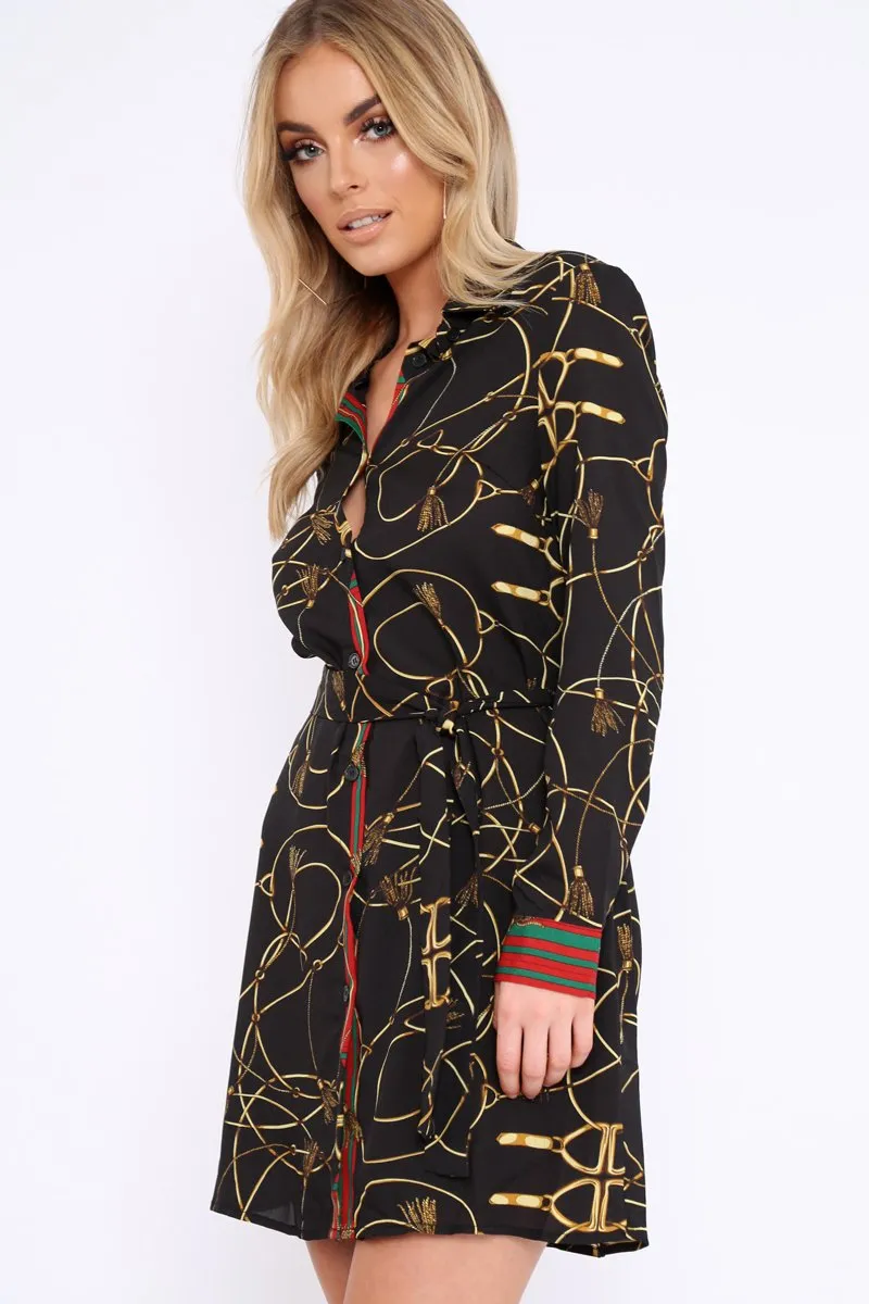 Black Rope Print Shirt Dress with Red and Green Trim - Allena