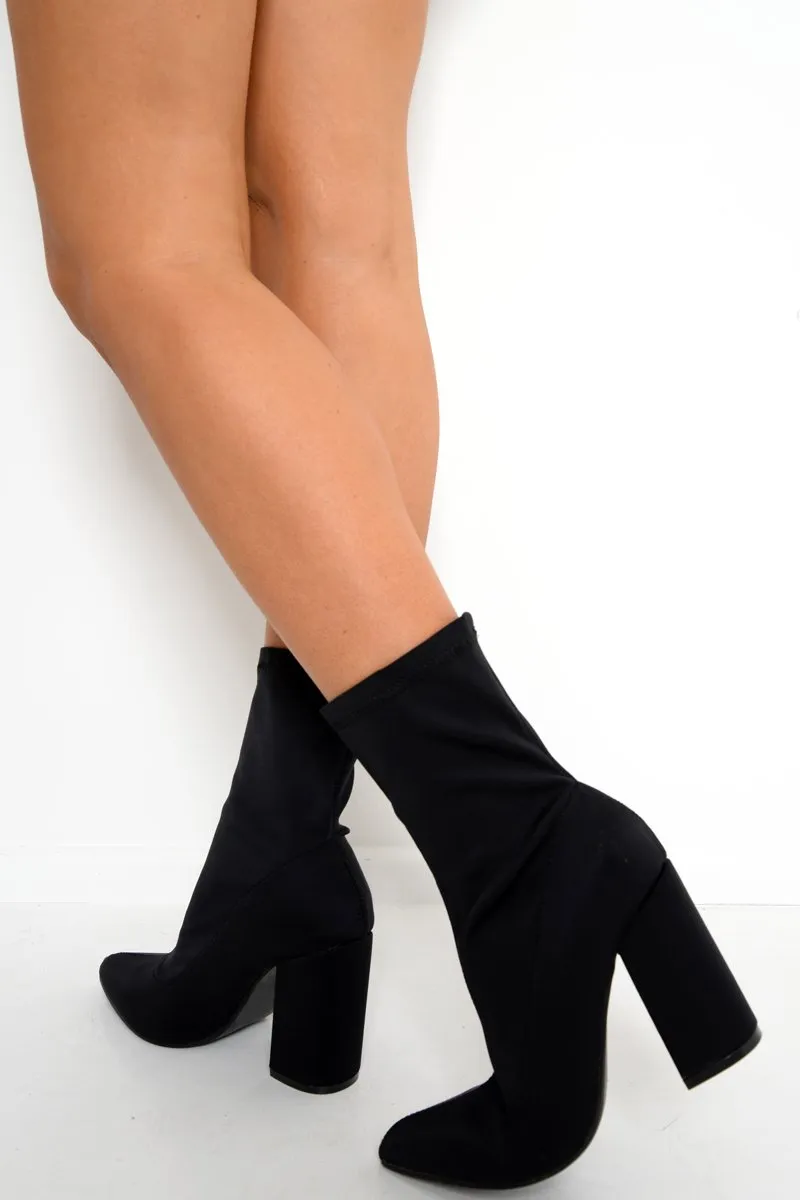 Black Stretchy Pointed Toe Block Heeled Boots - Meah