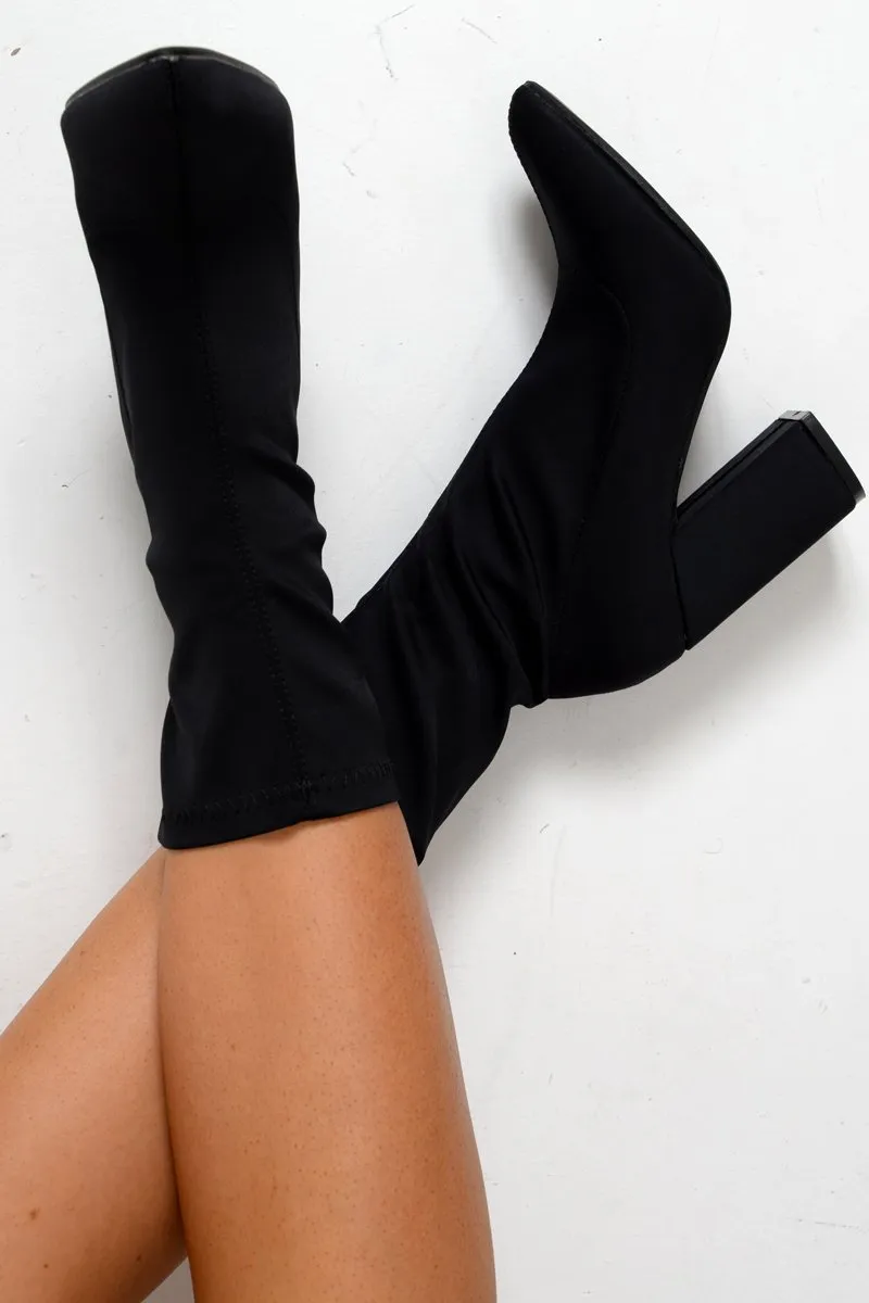 Black Stretchy Pointed Toe Block Heeled Boots - Meah