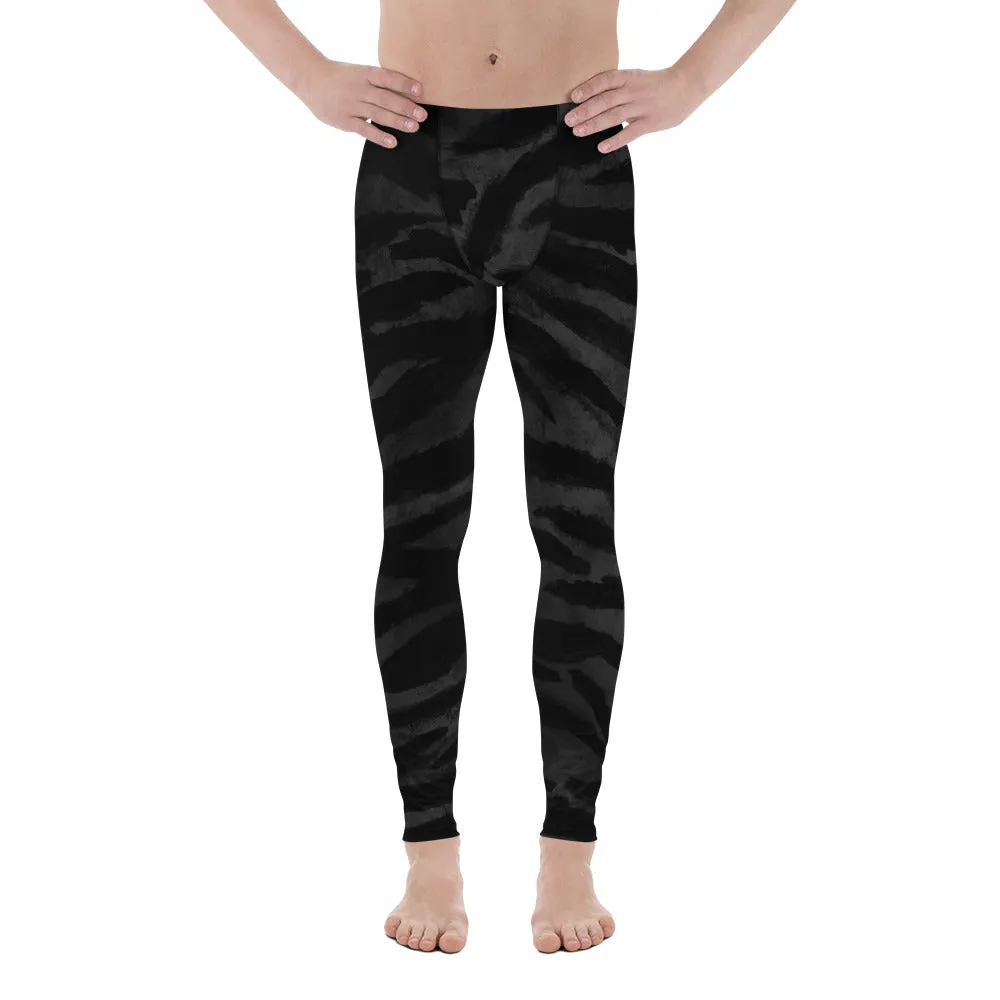 Black Tiger Stripe Men's Leggings, Men's Yoga Pants Running Long Tights- Made in USA/EU