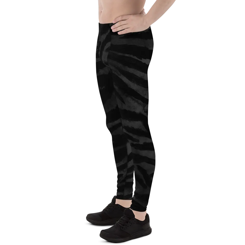 Black Tiger Stripe Men's Leggings, Men's Yoga Pants Running Long Tights- Made in USA/EU