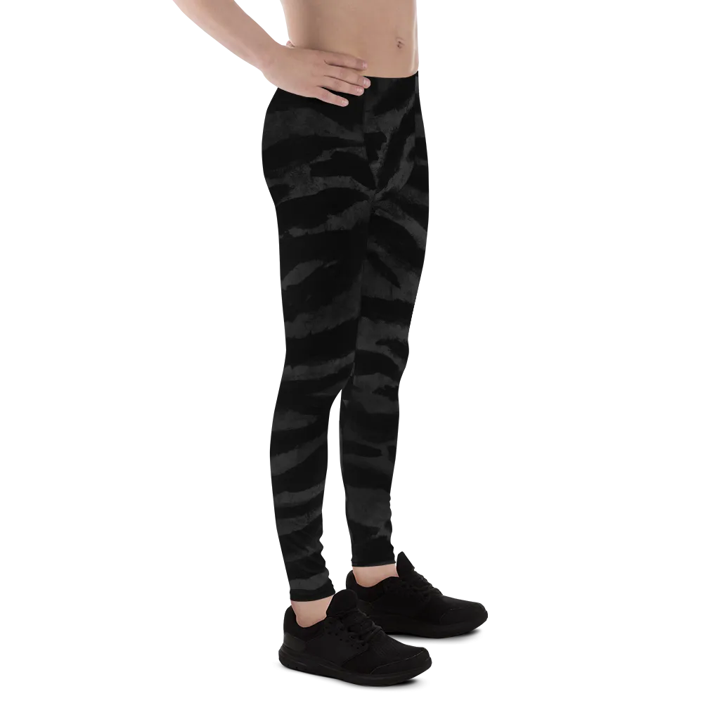 Black Tiger Stripe Men's Leggings, Men's Yoga Pants Running Long Tights- Made in USA/EU