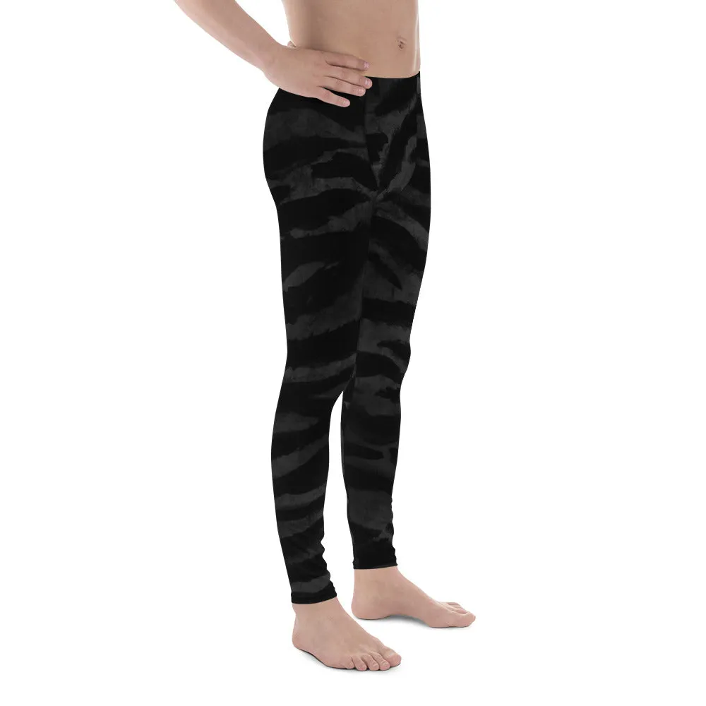 Black Tiger Stripe Men's Leggings, Men's Yoga Pants Running Long Tights- Made in USA/EU