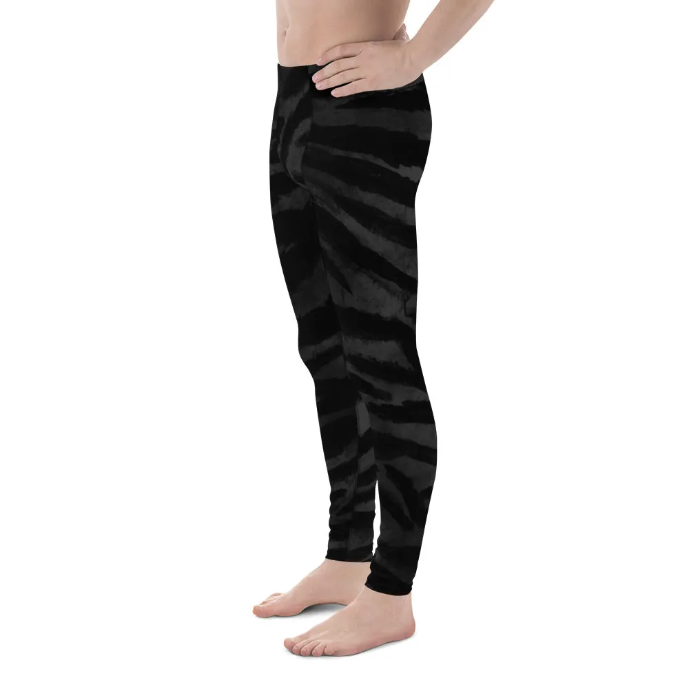 Black Tiger Stripe Men's Leggings, Men's Yoga Pants Running Long Tights- Made in USA/EU