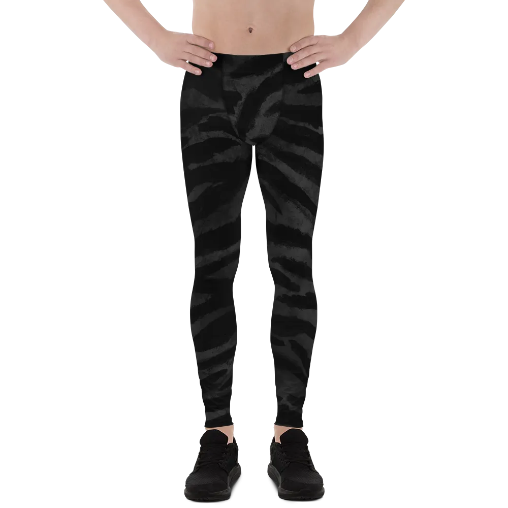 Black Tiger Stripe Men's Leggings, Men's Yoga Pants Running Long Tights- Made in USA/EU