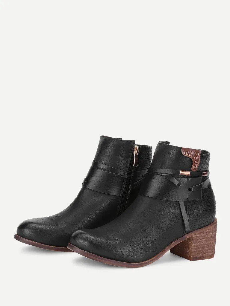 Block Heeled Round Toe Ankle Boots