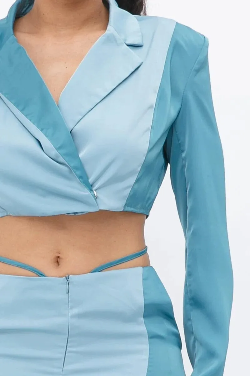 Blue Colorblock Crop Blazer and low rise wide leg pant set_