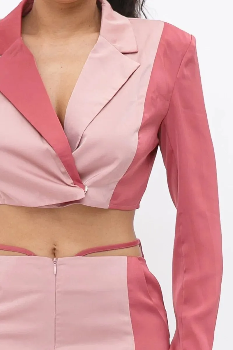 Blush Pink Colorblock Crop Blazer and low rise wide leg pant set_