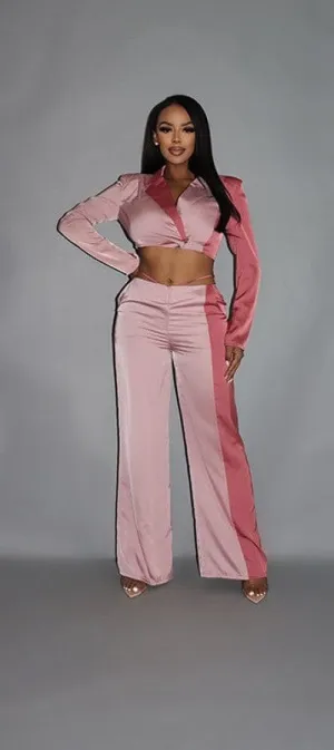 Blush Pink Colorblock Crop Blazer and low rise wide leg pant set_