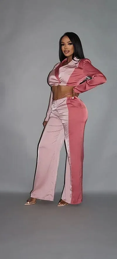 Blush Pink Colorblock Crop Blazer and low rise wide leg pant set_