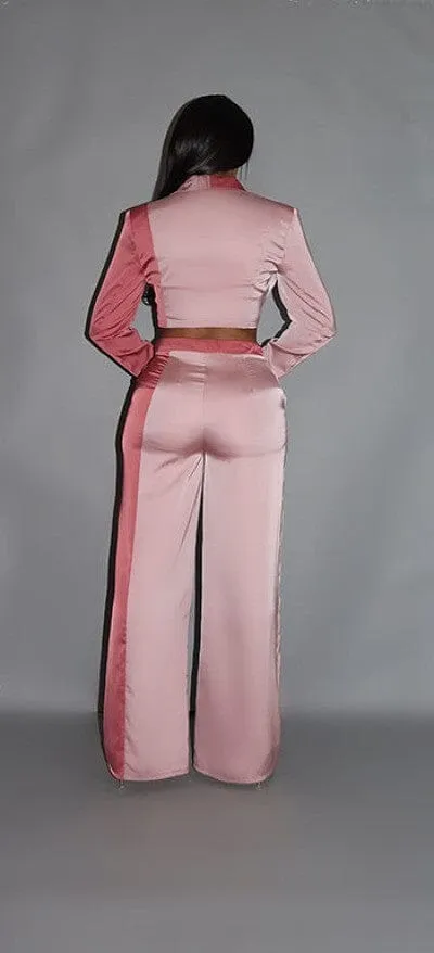 Blush Pink Colorblock Crop Blazer and low rise wide leg pant set_