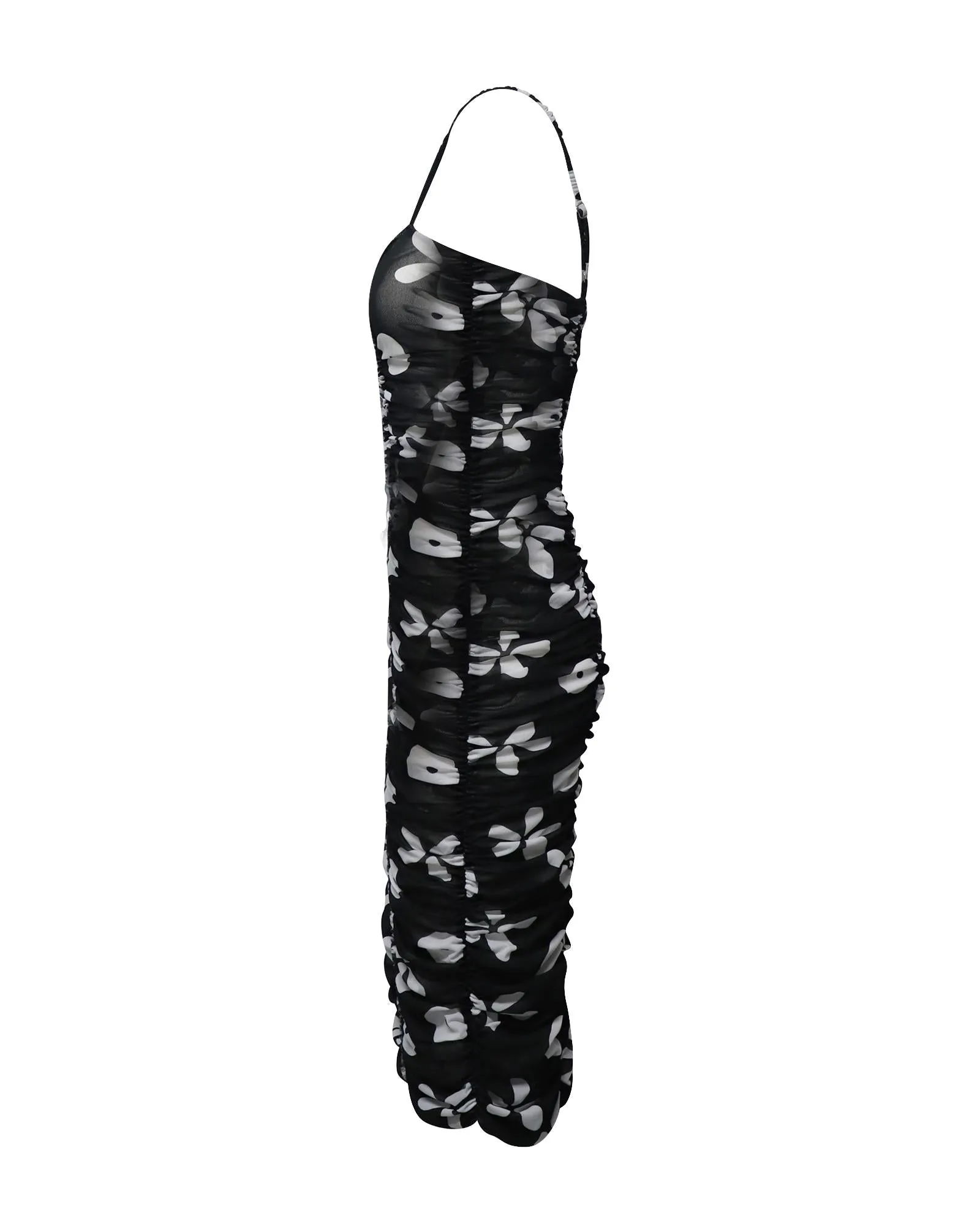 Bold Black-and-White Floral Ruched Midi Dress