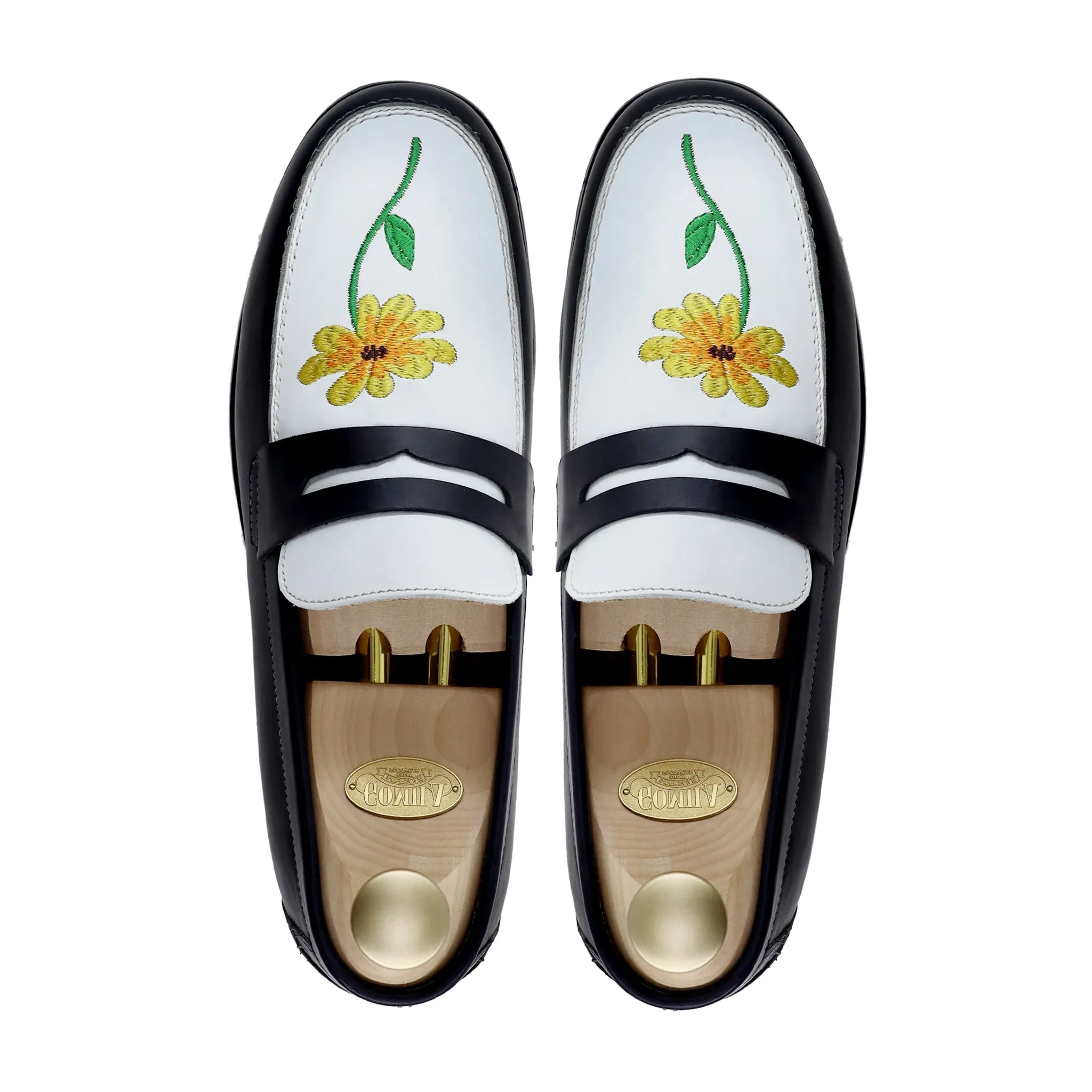 Boulia - Men's Black and White Calf Leather Loafer (Sunflower Embroidery)