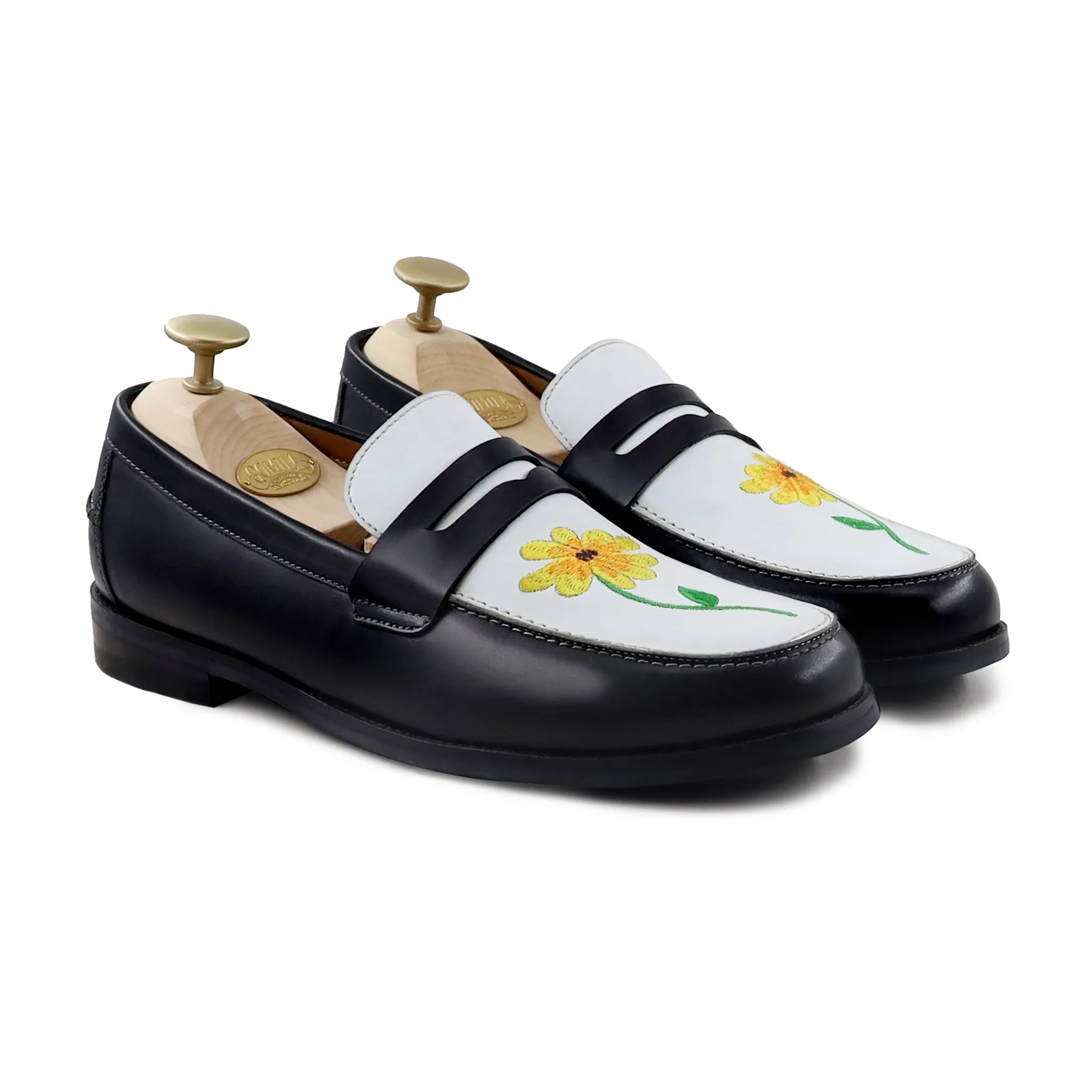 Boulia - Men's Black and White Calf Leather Loafer (Sunflower Embroidery)