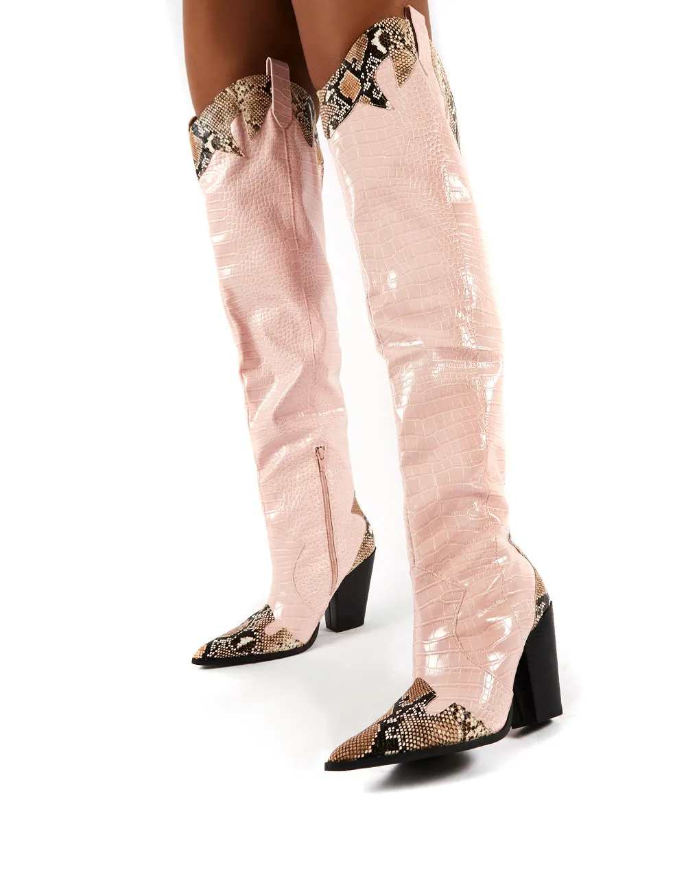 Brandy Pink Western Block Heeled Knee High Boots