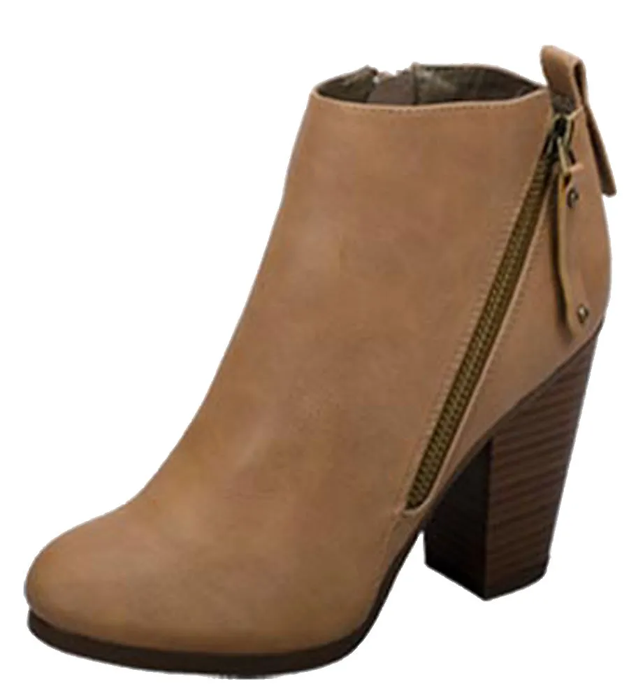 Breckelle's Women's Asymmetrical Zipper Chunky Heel Moto Bootie