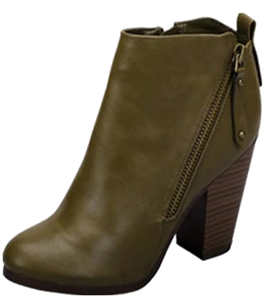 Breckelle's Women's Asymmetrical Zipper Chunky Heel Moto Bootie