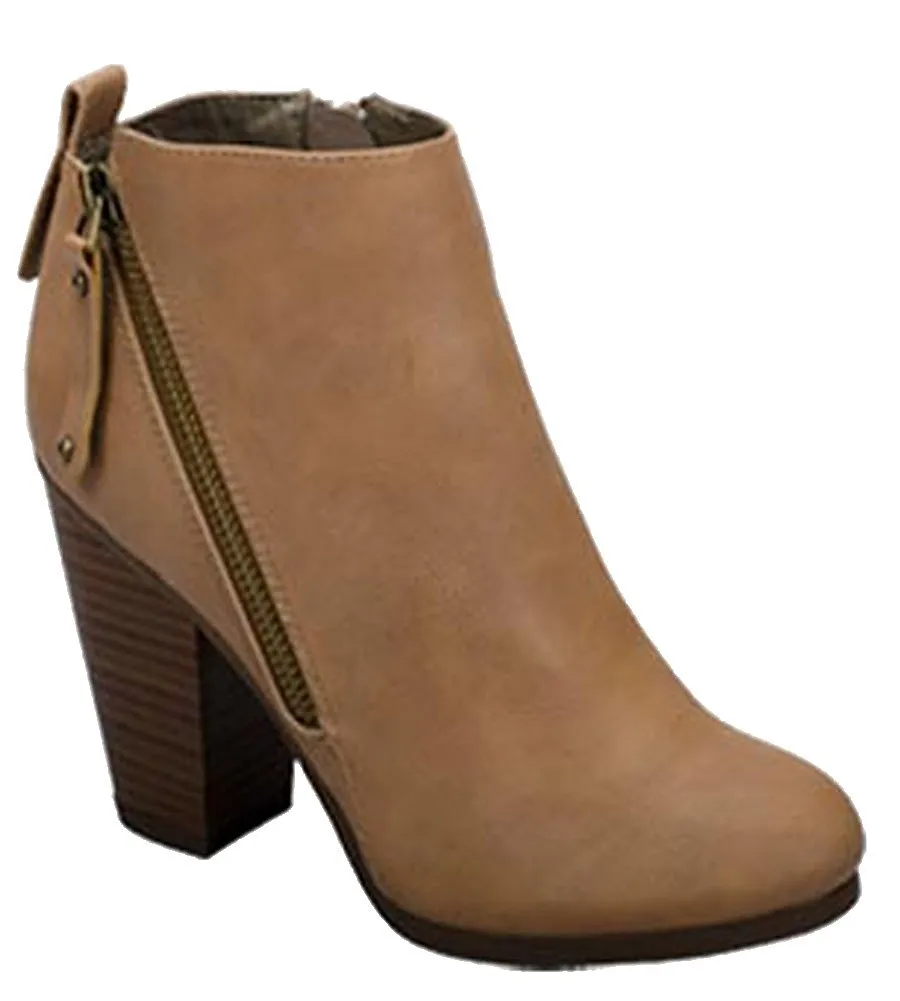 Breckelle's Women's Asymmetrical Zipper Chunky Heel Moto Bootie