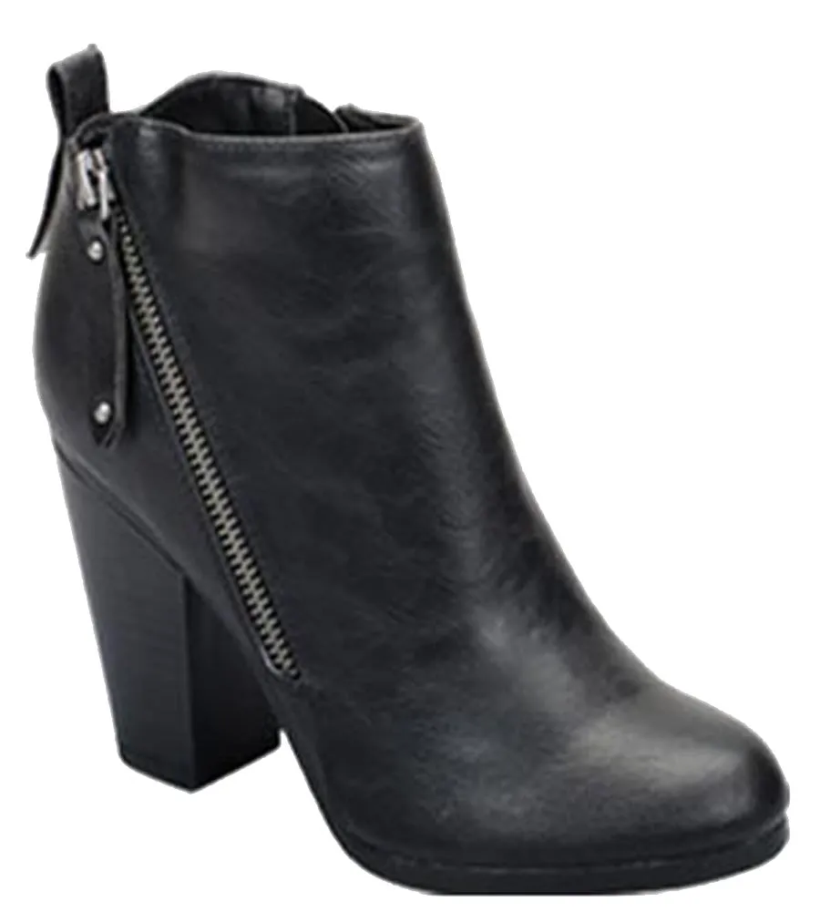 Breckelle's Women's Asymmetrical Zipper Chunky Heel Moto Bootie