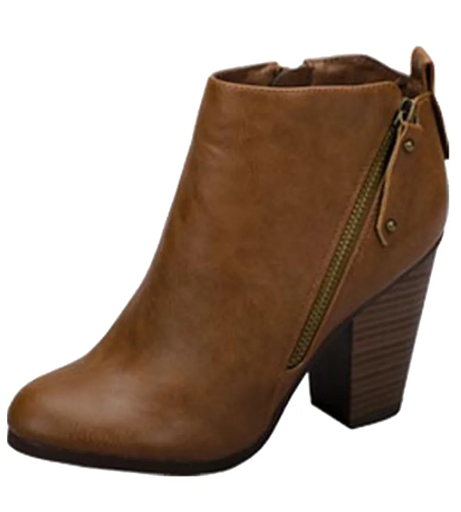 Breckelle's Women's Asymmetrical Zipper Chunky Heel Moto Bootie