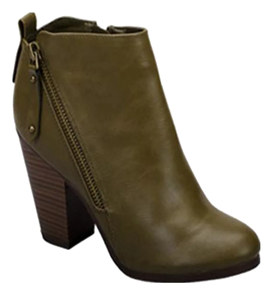 Breckelle's Women's Asymmetrical Zipper Chunky Heel Moto Bootie