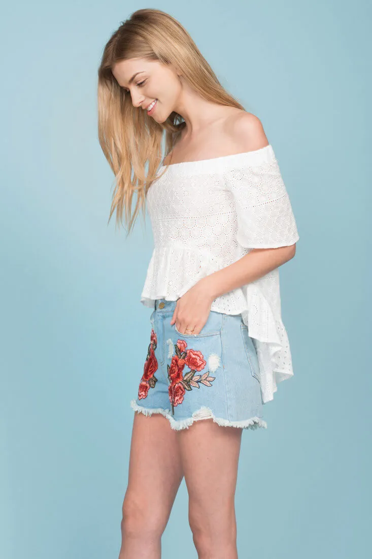 Brenna Fringe Floral Jean Shorts Blue Denim